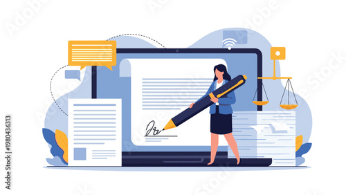 Businesswoman using giant pen to sign digital document on laptop screen for electronic agreement and legal work.