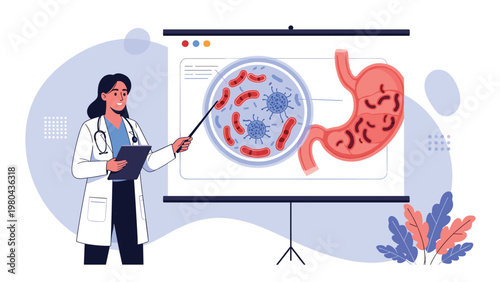 Female doctor using pointer to explain stomach health and bacteria on medical presentation board for patient education.