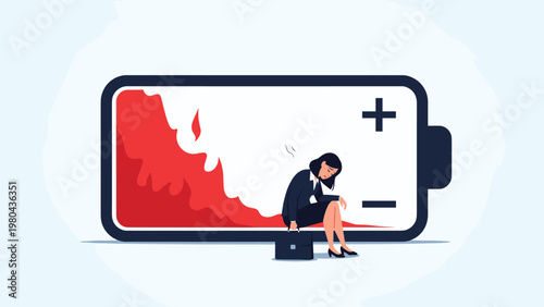 Exhausted businesswoman leaning against giant low battery with falling red graph representing professional burnout.