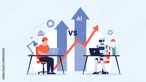Human professional versus artificial intelligence robot at separate desks with rising arrows for performance comparison.