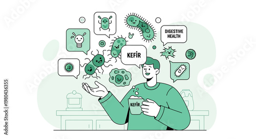Man holding kefir drink surrounded by friendly cartoon probiotics and digestive health icons