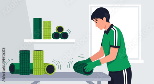 Man in green uniform inspecting foam rollers in a workshop