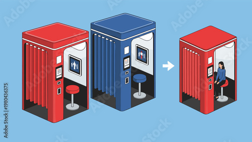 Set of modern passport photo booths with one booth showing person sitting inside for official document photography.