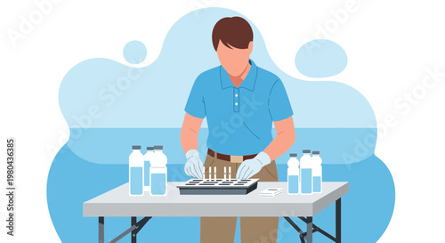 Man in blue shirt conducting water quality test with bottles and testing kit