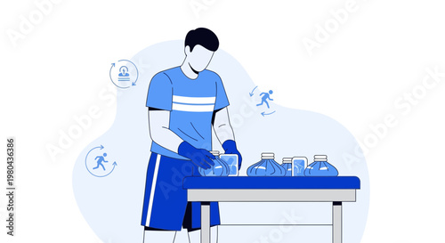 Man in blue t-shirt and gloves cleaning bottles on table, hygiene concept