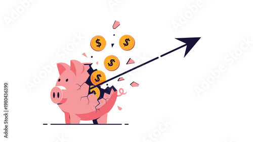 Pink piggy bank breaking apart with gold coins flying out and rising arrow for financial growth and investment returns.