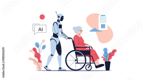 Modern medical robot pushing elderly woman in wheelchair representing artificial intelligence in senior care and health.