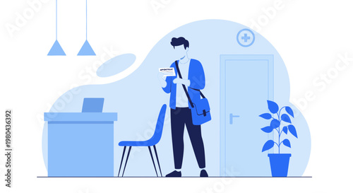 Man in waiting room holding medical card, clinic reception, healthcare concept