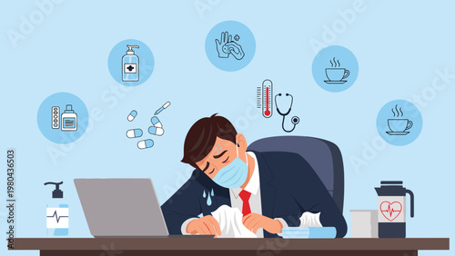 Sick office worker wearing a medical face mask wipes his nose while sitting at a desk surrounded by various healthcare and flu icons.