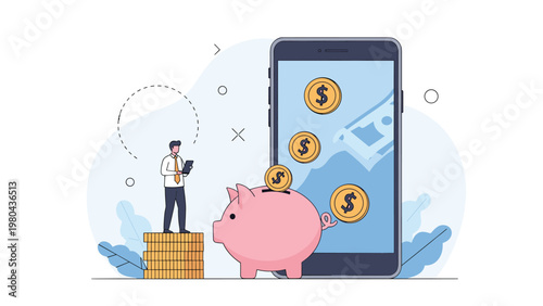 Man stands on a stack of coins next to a pink piggy bank and a large smartphone showing digital banking and financial savings apps.