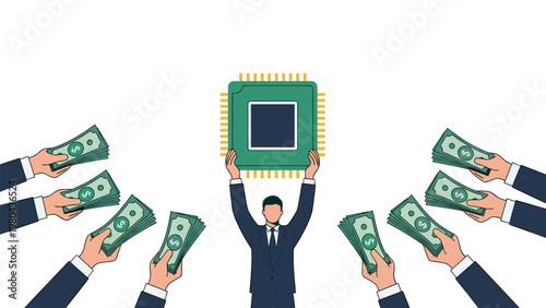 Successful businessman holds a green computer processor chip while multiple hands offer him fans of cash representing high tech demand.