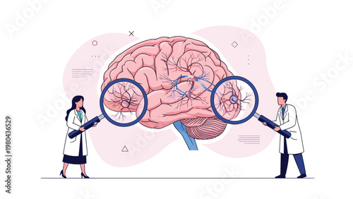 Team of doctors in white coats use magnifying glasses to perform a detailed examination of a large pink human brain for neurology research.