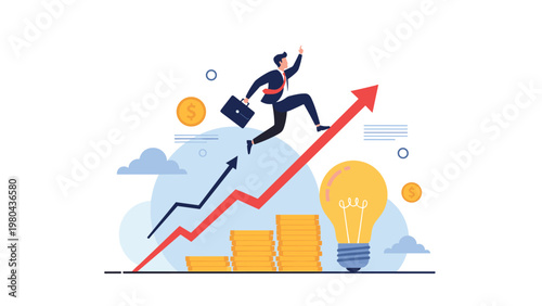 Career success and business innovation concept with professional man jumping over rising chart towards bright idea lightbulb symbol.