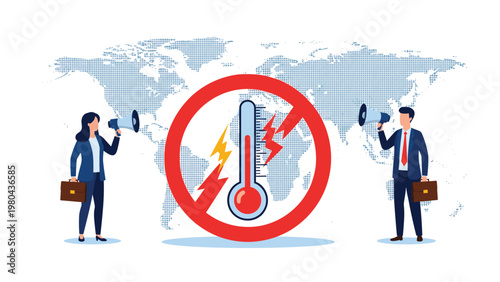 Global warming awareness and climate change action concept with professionals using megaphones to advocate for temperature control over world map.