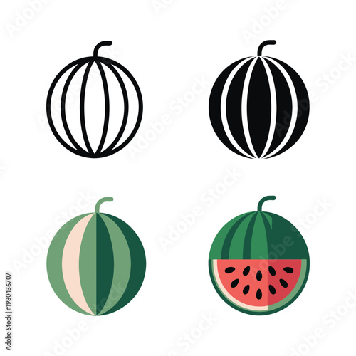 Watermelon and melon icon set with outline and colorful styles, summertime fruit graphics for menu design, grocery advertisement, stickers pack