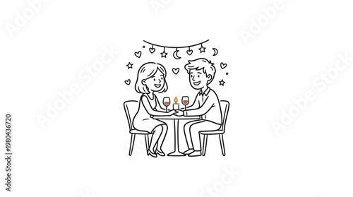 Romantic Dinner Date in Black Line Art