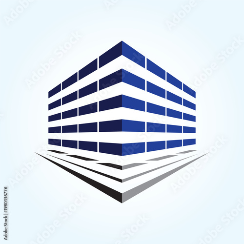 Perspective house logo with road. Real estate skyscraper design vector illustration. Apartment, hotel, hospital logotype