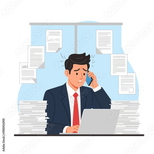 Stressed businessman sitting at a desk with a laptop, talking on the phone while surrounded by large stacks of paper and flying documents, illustrating overwork and burnout.