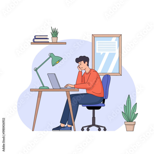 Flat vector illustration of a tired male freelancer sitting at a wooden desk working on a laptop in a home office, showing exhaustion, burnout, and stress while staring at the screen.