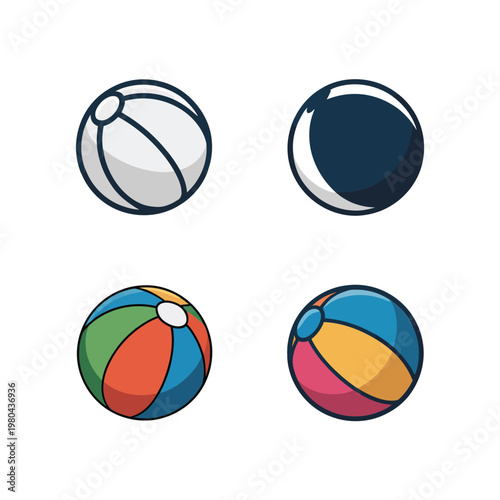 Beach ball icon set with round inflatable toys in mono and color styles, summer pool party graphics for invitations