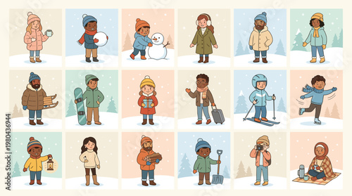 Winter children character collection with boys and girls in warm clothes posing in cute seasonal flat vector illustration