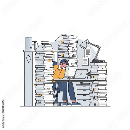 Flat vector illustration of a stressed businessman sitting at a desk surrounded by massive stacks of paperwork and a laptop, representing heavy workload and workplace burnout.