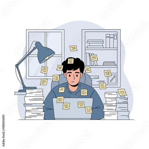 Flat vector illustration of a stressed man sitting at a desk with a laptop, covered in yellow sticky notes, surrounded by high stacks of paper in a home office or study environment.