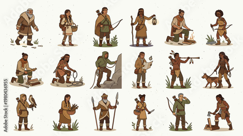 Prehistoric people character set with hunters, gatherers, tools, animals and daily life scenes in primitive tribal flat vector style