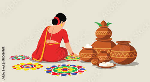 Woman in red saree creating colorful rangoli patterns on the floor with traditional clay pots and sweets for a festive celebration.