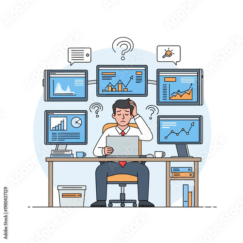 Stressed businessman sitting at a desk with a laptop, overwhelmed by multiple monitors showing complex data charts, financial graphs, and analytics in a flat line art vector style.