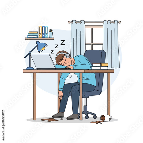 Flat vector illustration of an exhausted young man sleeping at a workstation with a laptop and headphones, featuring a spilled coffee cup on the floor and a home office background.