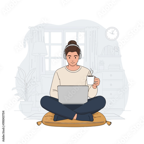 Vector Illustration of a Young Woman Wearing Headphones and Beige Sweater Sitting Cross-Legged on a Floor Cushion Using a Laptop and Holding a Coffee Cup in a Home Office Interior