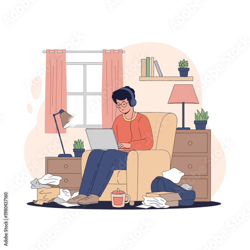 Flat vector illustration of a young man wearing headphones and glasses, sitting in an armchair working on a laptop in a messy room with scattered clothes, papers, and desk lamps.