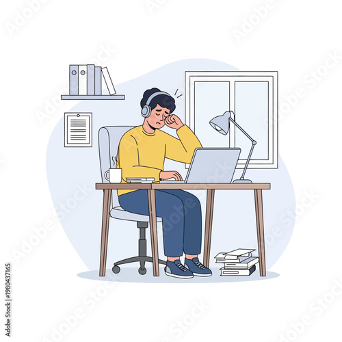 Vector illustration of an exhausted male remote worker sitting at a desk with a laptop and headphones, rubbing his eyes from fatigue in a home office with books and a desk lamp.