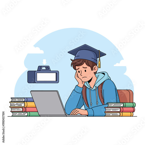 Vector illustration of a worried male student wearing a graduation cap and hoodie, sitting at a desk with a laptop and stacks of books while looking at a digital countdown timer.
