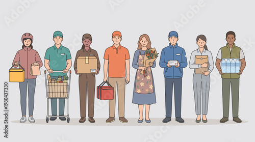 Grocery worker character set with supermarket staff holding baskets, boxes, apron and produce in flat vector style isolated on white background