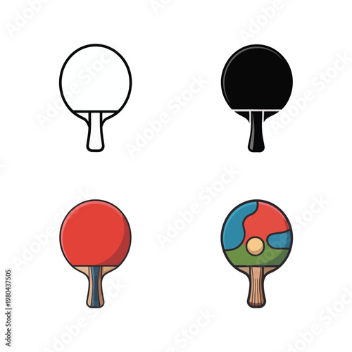 Table tennis paddle set, ping pong tournament, youth sports festival, training clinic poster, recreation center branding, vector illustration, colorful equipment