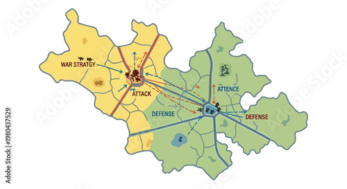 Military Battle Strategy Map Vector Illustration with Attack and Defense Tactical Zones