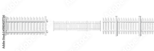 Fotografie Set of Three White Metal Fence Sections and Picket Barriers PNG