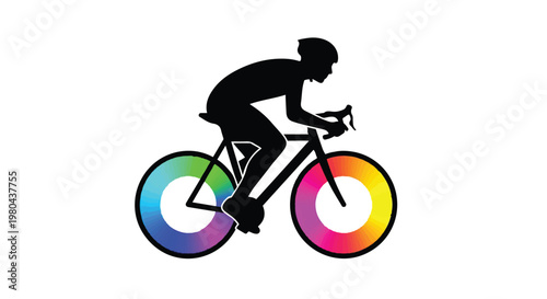 Dynamic cyclist with rainbow wheels in motion silhouette design