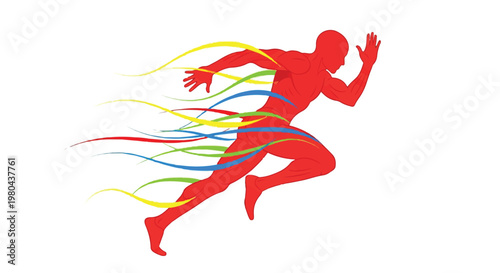 Dynamic runner with colorful motion trails in mid-sprint