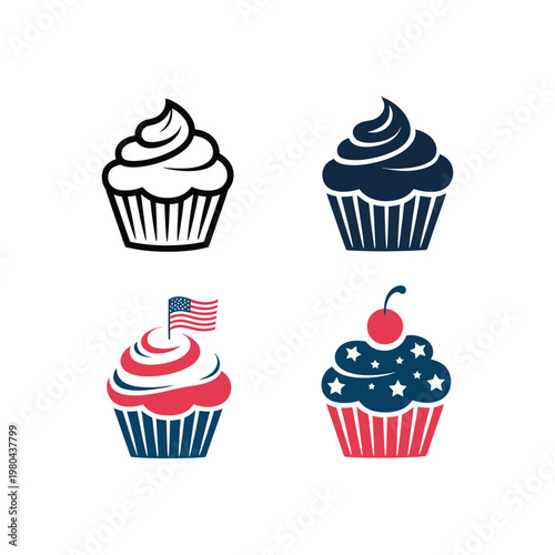 Patriotic cupcake icons set, red white blue dessert, independence day buffet, memorial day picnic, parade celebration graphic, vector illustration design