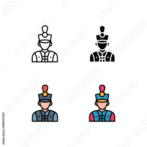 Toy soldier drum corps icons with tall shako hats, parade guard illustration for holiday procession, marching band graphics, festival promo