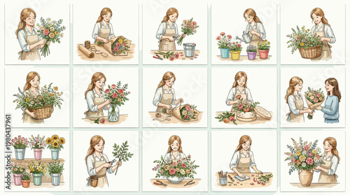 Watercolor floral women clipart set with girls arranging bouquets, watering plants, holding flowers and sitting with garden blooms in soft pastel style