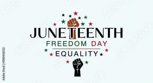A graphic design celebrating Juneteenth Freedom Day with a raised fist and stars