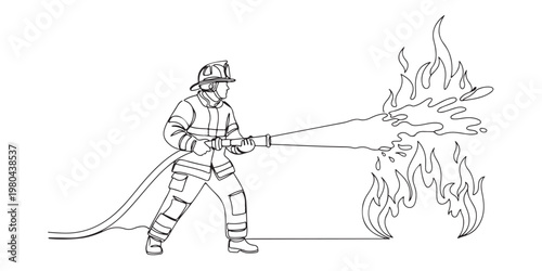 Continuous line art of a firefighter extinguishing fire with water hose.