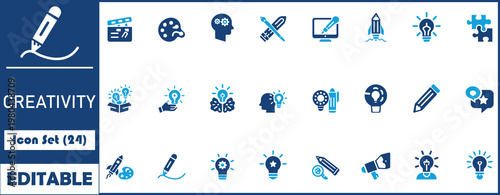 Creativity icon set. Containing inspiration, imagination, design, idea, creative, improvisation, sketching,light bulb, originality, brainstorming and more. Solid vector icons collection.