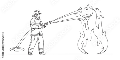 Firefighter is spraying water from a hose to control fire, line art drawing style. vector illustration