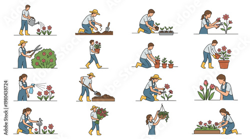Gardening activity set with people planting, watering and caring for flowers and shrubs, colorful flat vector collection for home garden and outdoor hobby themes