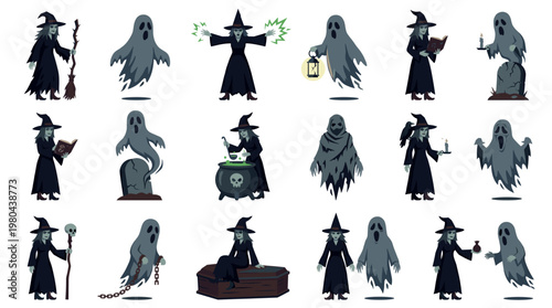 Spooky Halloween witch and ghost collection with cartoon characters in eerie poses, playful vector set for party decoration, stickers and festive seasonal themes